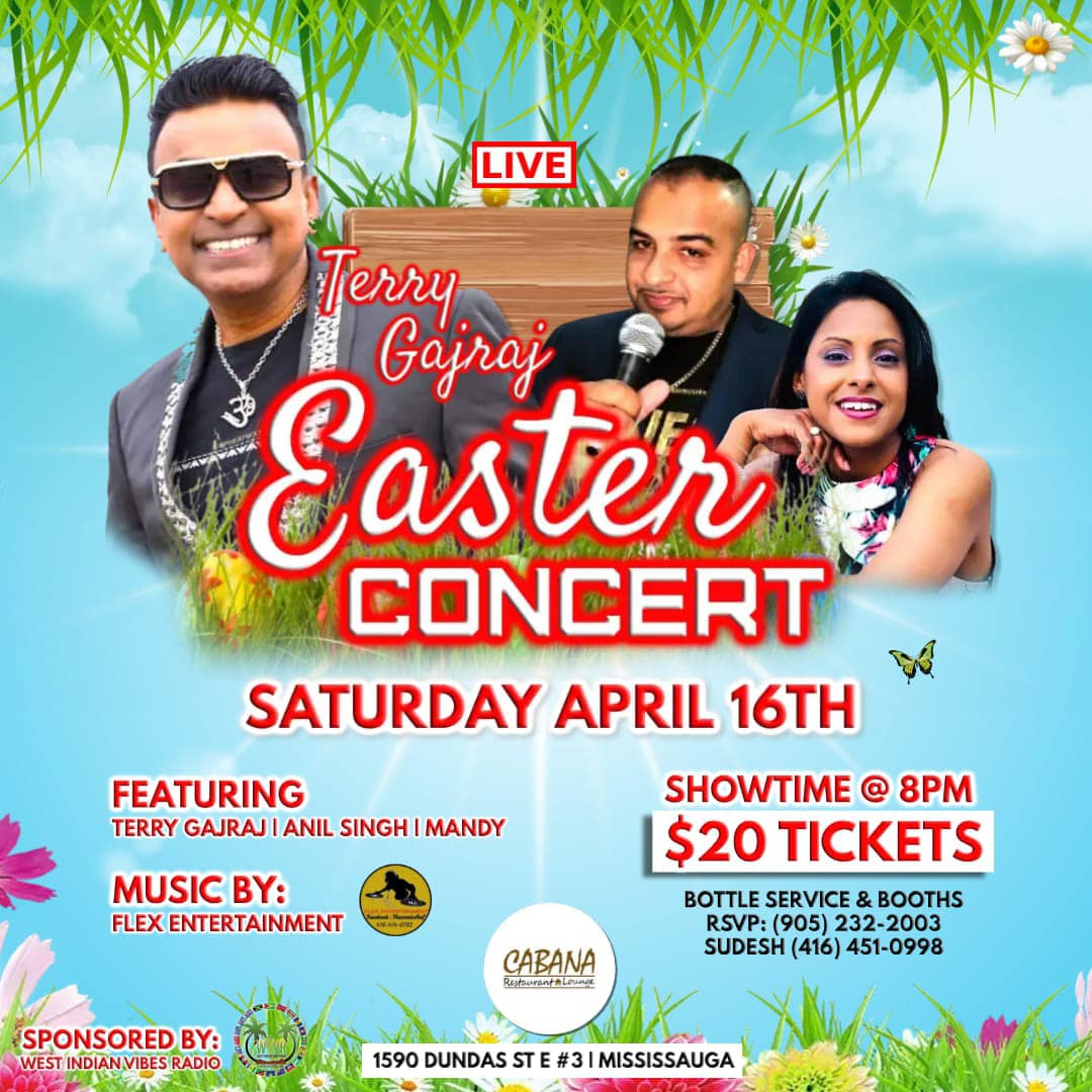 Terry Gajraj Easter Concert flyer at Cabana Restaurant & Lounge in Mississauga, featuring Anil Singh and Mandy