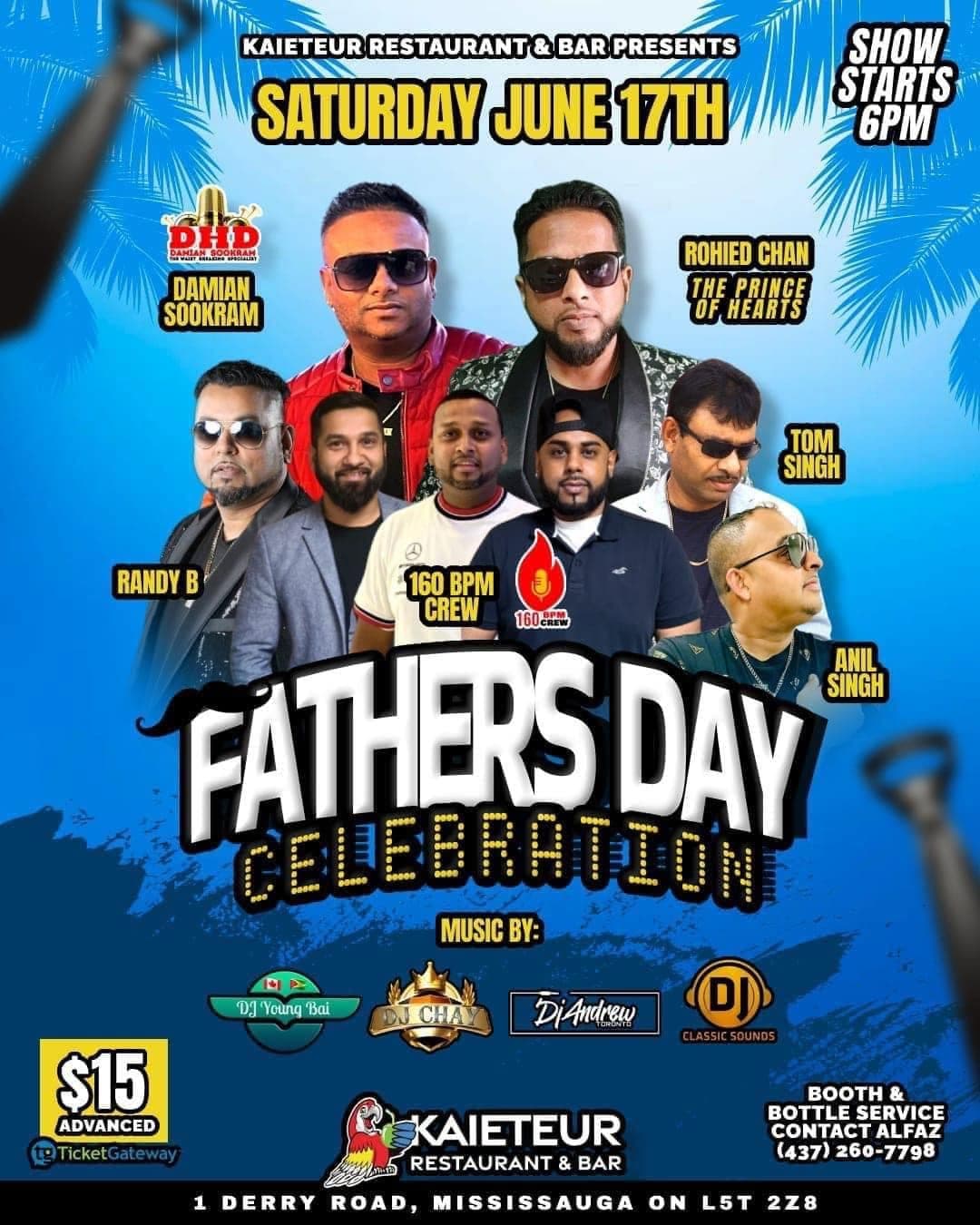 Fathers Day Celebration flyer at Kaieteur Restaurant & Bar in Mississauga, featuring Anil Singh
