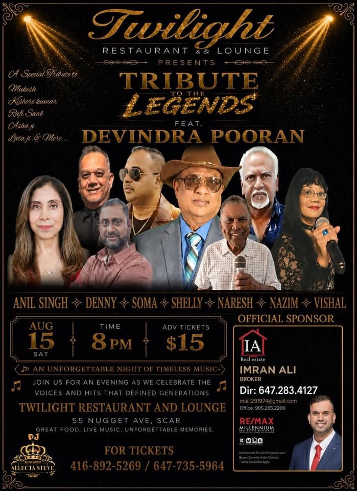 Tribute to the Legends flyer at Twilight Restaurant & Lounge in Scarborough, featuring Anil Singh among the performers
